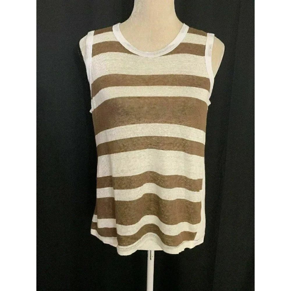 Wilt Womens Brown White Striped Crew Neck 100% Linen Jersey Tank Top Medium